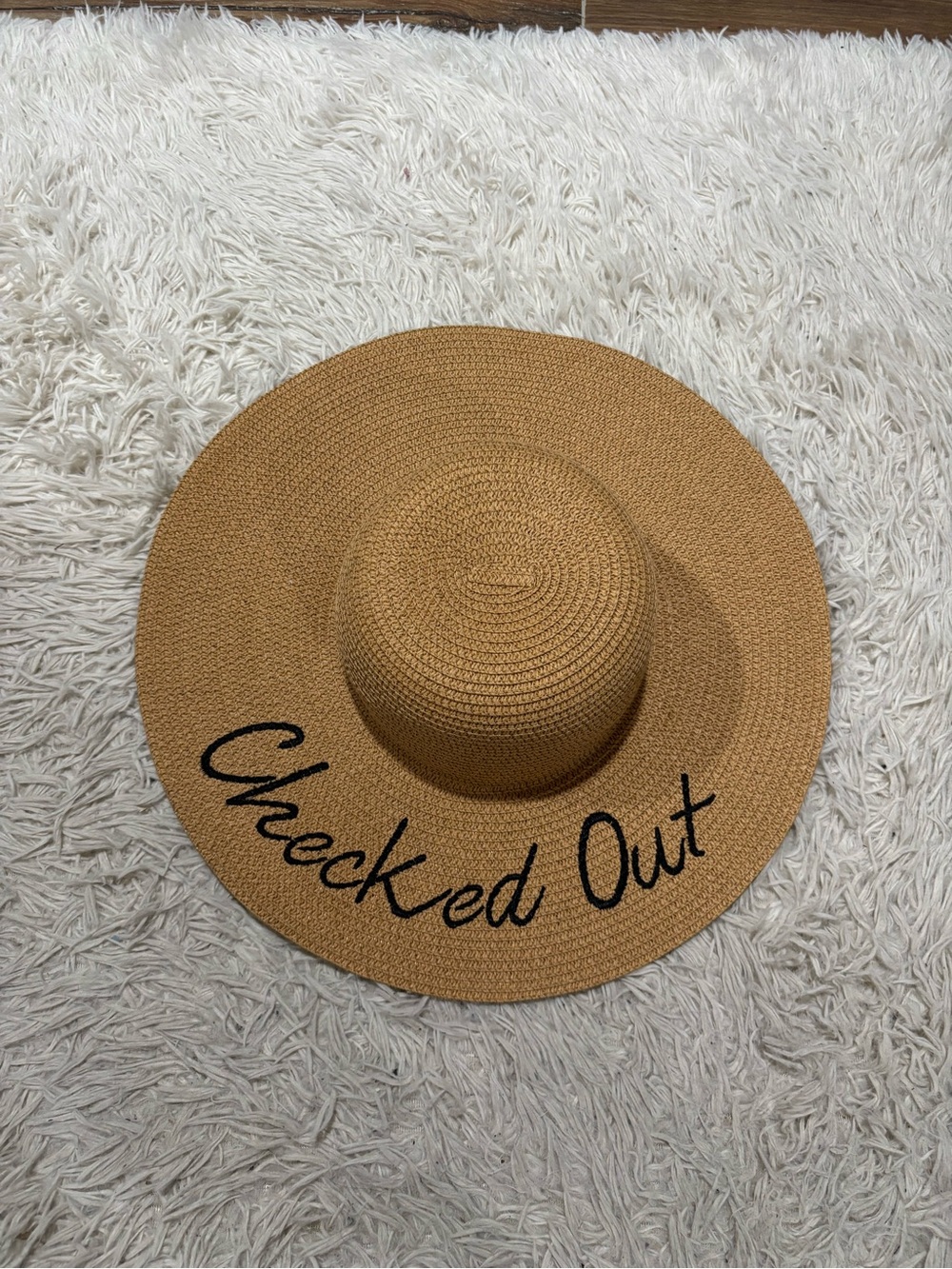 Wide Brim Straw Sun Hat — Checked Out Script, Tan